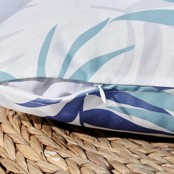 MIULEE Pack of 2 Decorative Outdoor Waterproof Throw Pillow Covers Patio Pillow Cases Natural Leaves Pattern Spring Square Cushion Shams Shell for Garden Balcony Couch 16x16 Inch, Blue