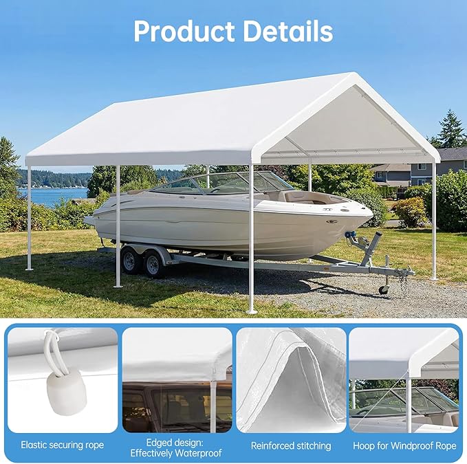 Carport Canopy Replacement Cover, 180G Heavy-Duty PE Fabric Garage Canopy Replacement Cover, 10×20FT Carport Tent, White (Frame not Included)