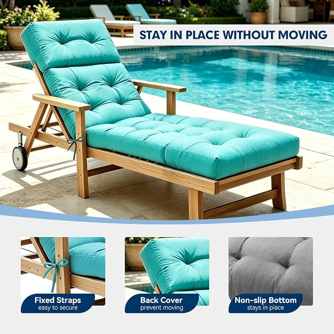Non-Slip Outdoor Chaise Lounge Chair Cushion, Waterproof 74.4 x 22 x 4.7 Inches Lounge Chair Cushions for Outdoor Patio Furniture with Ties, Pool Chaise Lounge Cushions Replacement, Teal