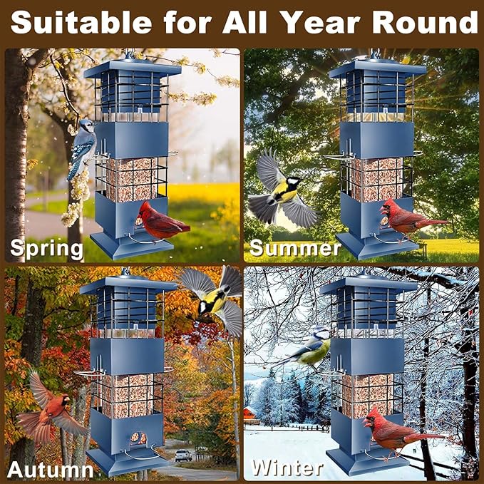 Squirrel Proof Bird Feeder, 3LBS Anti-Squirrel Bird Feeders for Outdoors Hanging,Weight-Activated Perches Metal Wild Birdseed Feeders for Cardinal Blue Jay Outside (Blue)