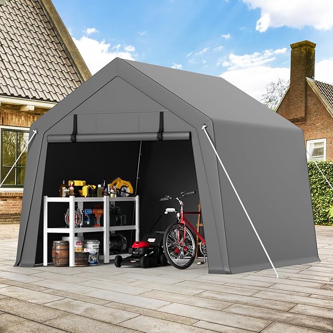 Portable Carport Storage Shed, 10' x 15' Motorcycle Tent, Waterproof & UV-Resistant with Roll-Up Zipper Doors, Gray Outdoor Shelter for Bikes, Tools & Equipment