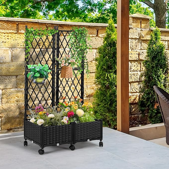 FOLLOOK Planter Box with Trellis, 4ft Tall Self-Watering Plastic Raised Garden Beds and Lattice Trellis with Lockable Wheels & Drain Plug for Outdoor Patio Backyard Balcony, Black, 2 Pcs