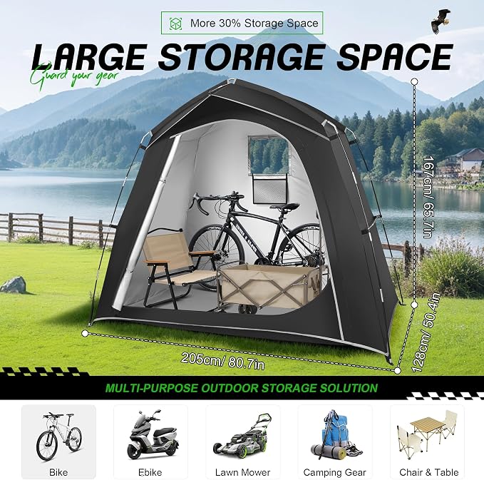 Bike Storage Tent Outdoor, Waterproof Bicycle Shed for 3-4 Bikes, PU4000 210D Oxford, Fiberglass Frame, Rain-Blocking Awning Design, Outdoor Storage for Bikes, Lawn Mower, Garden Tools Black