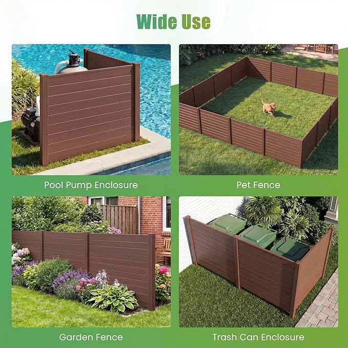HAPPYGRILL Air Conditioner Fence, 4 Panels Outdoor Privacy Screen with Metal Stakes, No Dig Pool Equipment Enclosure, 48" x 38" Trash Can Screen Fence Kit for Outside Backyard, Brown