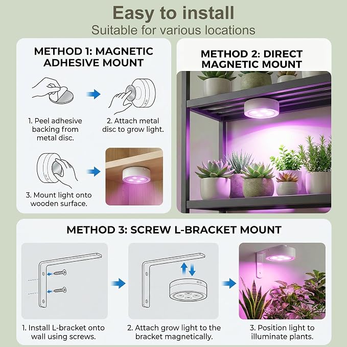 4 Pack Rechargeable Grow Light with Timer, 3000k 6500k Cordless Magnetic Plant Lamp for Indoor Growing, Full Spectrum Lighting with Remote, Stepless Dimming for Plant Shelf Greenhouse