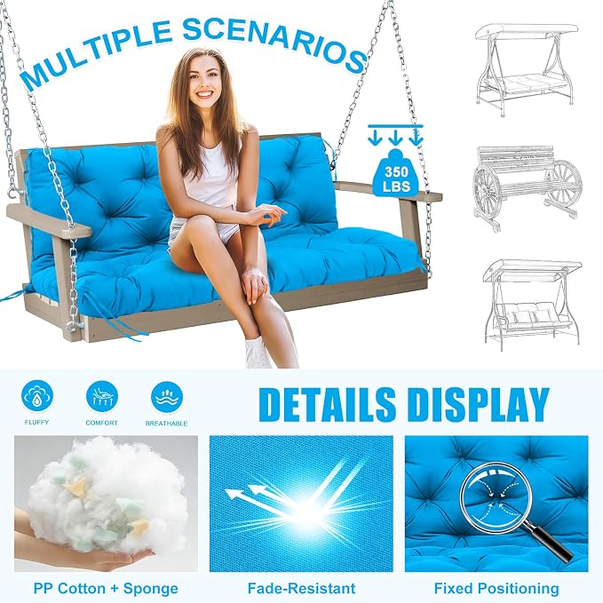 Porch Swing Cushions Outdoor 60 inch x 40 Waterproof Swing Cushions 3 Seater Replacement with Backrest & 8 Ties 5" Thick Bench Swing Cushions for Outdoor Furniture Patio(Peacock Blue)