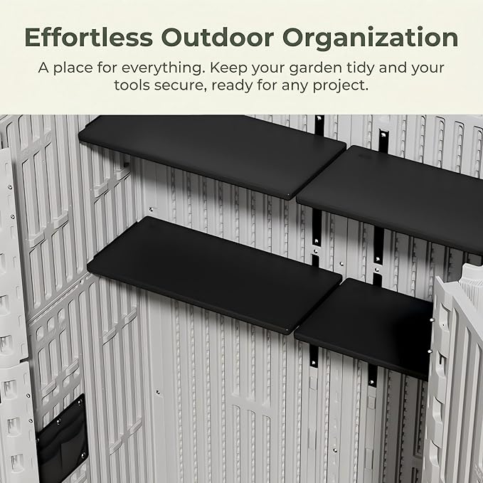 Outdoor Storage Shed 57 Cu.ft with 6 Adjustable Shelves – Weatherproof Resin Storage Cabinet with Floor, Lockable Vertical Shed for Garden Tools, Lawn Mower, Pool Equipment & Organization
