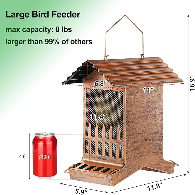 Large Bird Feeder, Extra Large 8 Lbs Capacity with 2-Side Feeding, Weatherproof Wasteproof Hanging Metal Bird Feeders for Outdoor, Easy to Clean & Refill