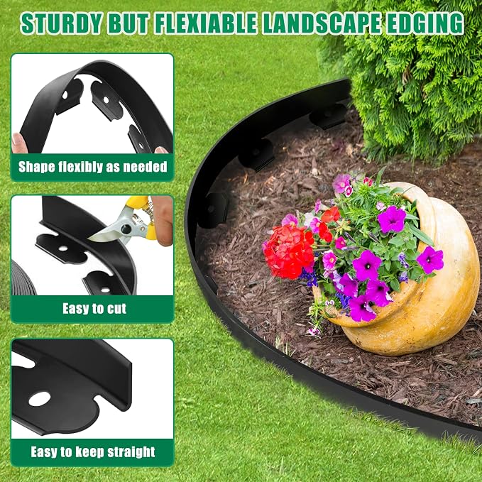 Landscape Edging Border - 100FT 2IN Tall Garden Edging Border with 130 Stakes, No Dig Lawn Edging for Landscaping for Garden Bed, Yard, Thickened Top Edge (0.15”) Flower Bed Border Edging for Outdoor