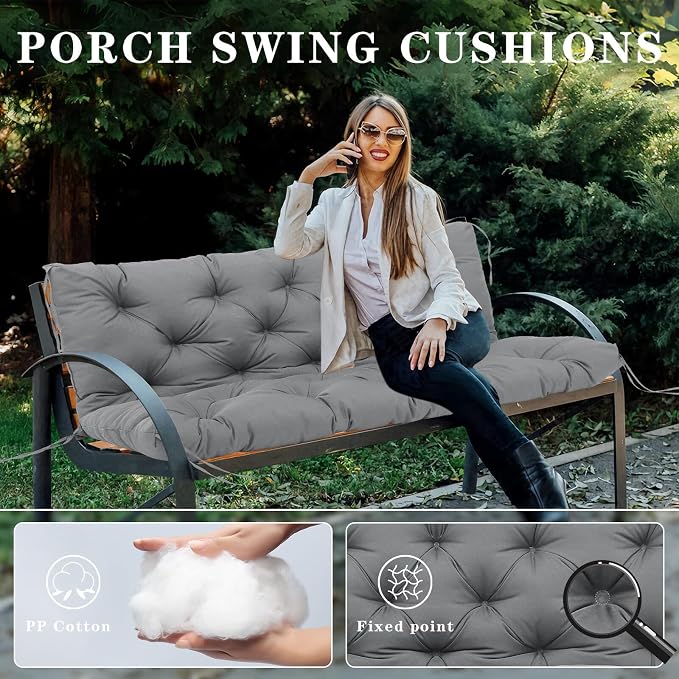 Porch Swing Cushions Outdoor, 5 Inch Thick Waterproof 2-3 Seater Replacement Swing Cushion with Backrest and Anti-Slip Ties, Perfect for Porch, Patio, Garden, Outdoor Bench Furniture, 60×40×5 Inch