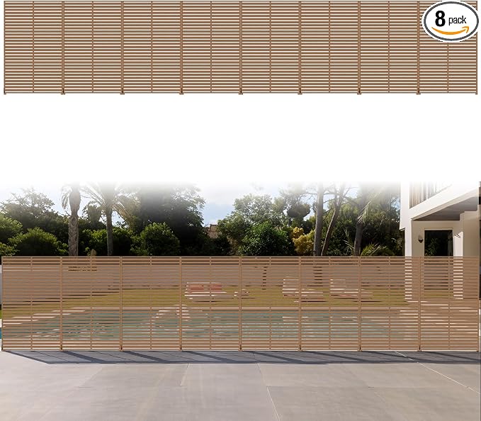 Outdoor Privacy Screen Panel 72" Freestanding Privacy Fence with Stand, HDPE Decorative Privacy Screens with Louvered 6 Panels, Weather-Resistant Panel Fence for Patio, Balcony,Pool, Brown