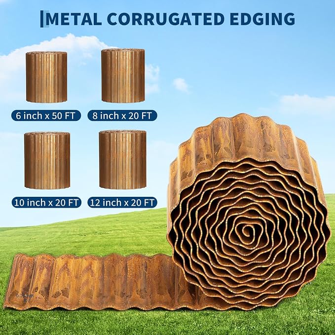Corrugated Metal Garden Edging, 10" x20Ft Galvanized Steel Garden Edging Border, Landscape Paver Edge for Flower Beds Garden Lawn Raised Beds & Tree Surrounds Rusty