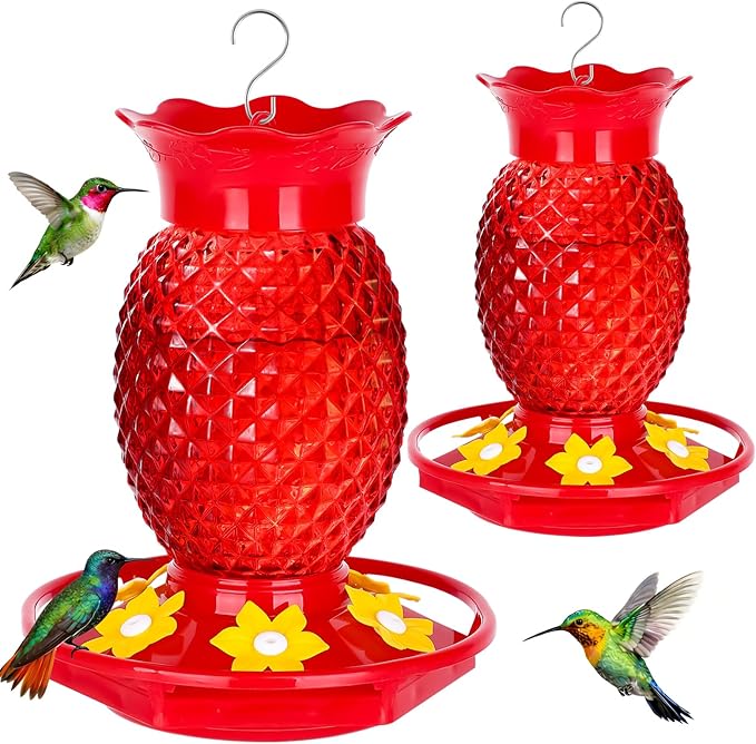 Fchstaer Glass Hummingbird Feeders for Outdoors Hanging Ant and Bee Proof 16OZ 2 Pack Red Pineapple Humming Bird Feeder with 6 Feeding Ports and Ant Moat Hummingbird Gifts for Women Garden Decor