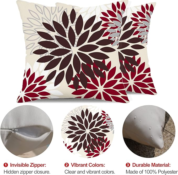 DFXSZ Red Brown Flower Pillow Covers 18x18 Inch Set of 2 White Gray Colored Throw Pillows Outdoor Waterproof Decor for Living Room Sofa Patio Funiture Garden Floral Polyester Pillow Covers 002L18
