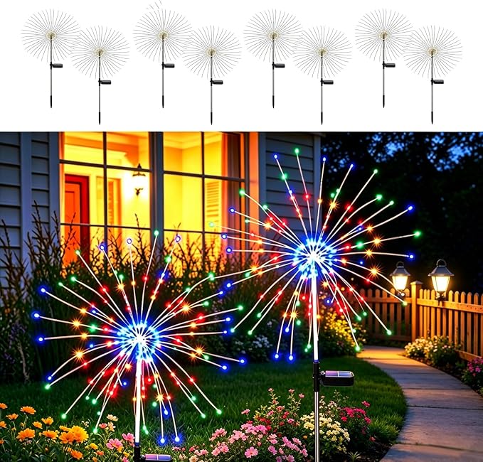 Solar Firework Lights for Outside,150 LED RGB Color Changing Firework LED Solar Fairy Light Twinkling Tree Outdoor for Garden Yard Landscape Wedding Christmas Party Decor Multicolor (8 Pack)