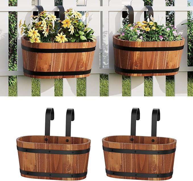 2pcs Railing Planter Boxes Wood Hanging Flower Pots for Railing Fence Outdoor Balcony Planters for Wall Window Flower Box Hanging Bucket Pots Countryside Plant Holder (Brown,2pcs,Small)
