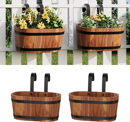 2PACK Cute Railing Planter Boxes Wood Hanging Flower Pots for Railing Fence Outdoor Balcony Planters for Wall Window Flower Box Hanging Bucket Pots Countryside plant Holder (Brown,2pcs,Small)
