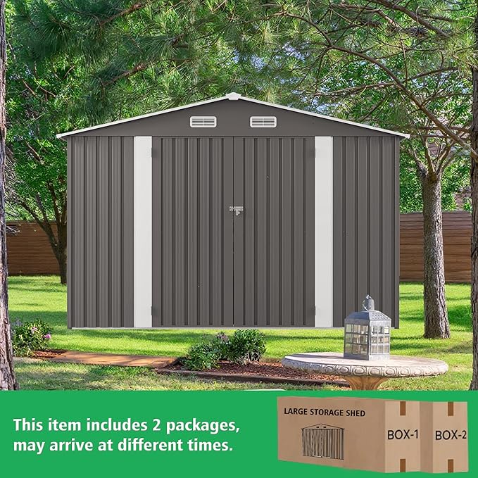 YOPTO 10x12 FT Outdoor Storage Shed,Large Metal Garden Shed with Double Door and Two Windows Waterproof Tool Shed for Backyard Patio Lawn Poolside,Grey