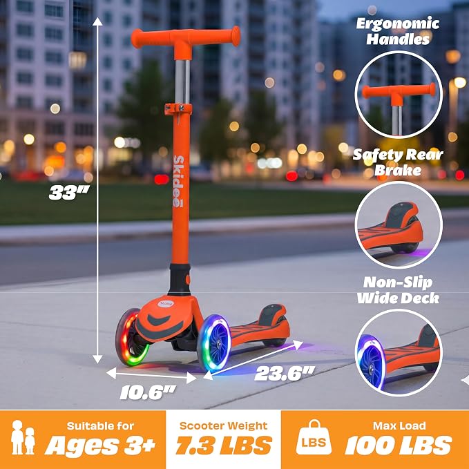 SKIDEE Kick Scooter for Kids Ages 3-5 | Foldable 3 Wheel Scooter with Lean-to-Steer, Adjustable Height, Removable Seat & LED Light Wheels | Toddler Scooter Up to 12 Year Old Boys/Girls