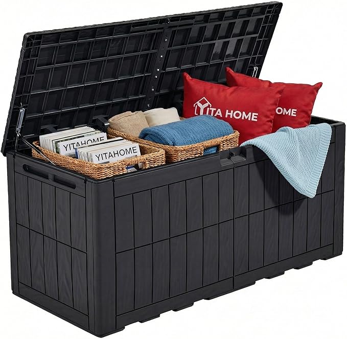 YITAHOME 110 Gallon Outdoor Deck Box, Waterproof Resin Storage Box with Lock, Lockable Patio Furniture Bin, 2-Person Bench Seating for Outdoor Cushions, Garden Tools & Sports/Pool Supplies, Black