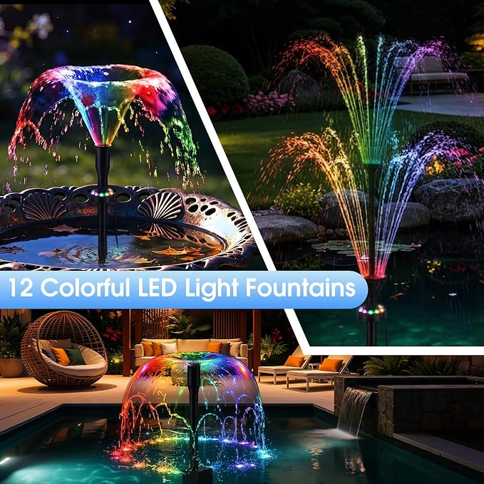 AMZtime 20W Solar Fountain Pump, Solar Water Pump with Lights Built-in 4000mAh Battery, 2026 New DIY Solar Water Fountain for Bird Bath, Pool, Pond, Garden, Fish Pond, Small Waterfall