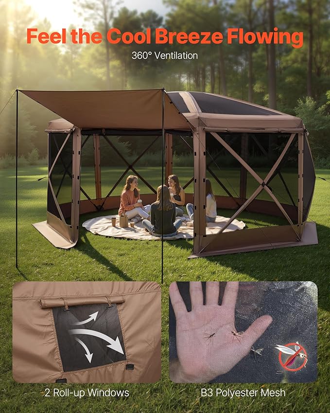 VEVOR Pop up Gazebo Screen Tent, 15 x 15 ft Large 8-Sided Camping Canopy Tent with Removable Top & Carry Bag, Quick-Set & Bite-Proof, Screen House Sun Shelter for 12-15 Persons Backyard Patio, Brown
