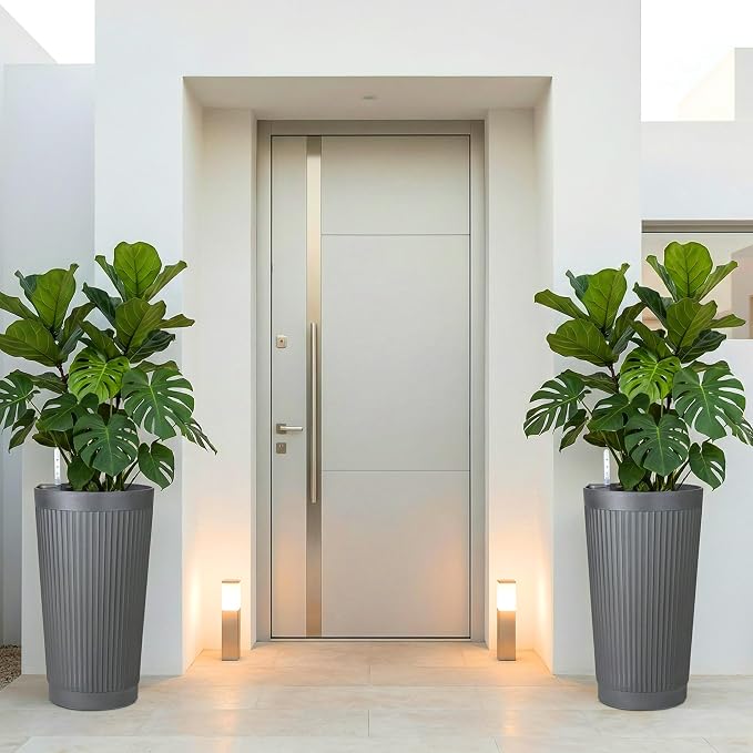 24in Tall Self-Watering Planters Set of 2, Gray | Water level indicator, Self-watering irrigation system, Non-toxic PP plastic, Weather Resistant, Indoor Outdoor Use