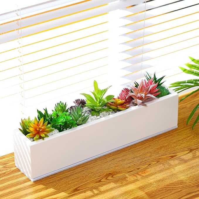 FillTouch 1 Pcs Long Rectangular Planter Box Window Sill Plant Box Metal Water Trough Indoor Large Modern Steel with Drainage Holes Herb Garden Home (16.1 x 3.2 x 3.5 Inch,White)