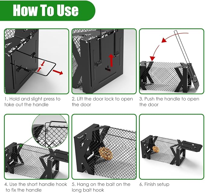 TeqHome 2 Pack Humane Rat Trap, Small Live Chipmunk Trap That Work for Indoor & Outdoor, Easy to Catch & Release, Live Animal Traps Mouse Cage Traps Reusable for Small Rodents Mice Voles Hamster,Black