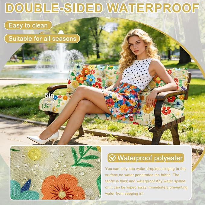Porch Swing Cushions 60 inch Waterproof & Fade Resistant Thicken 5" Outdoor Swing Cushions 3 Seater Replacement with Backrest & Ties Patio Swing Cushions for Outdoor Furniture (Flower)
