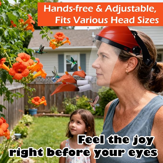 Hummingbird Feeder Helmet - 2025 Upgraded Wearable Mask with Anti-Fog Lens & Bionic Orange Flower, Adjustable for Adults Teens Lightweight PVC