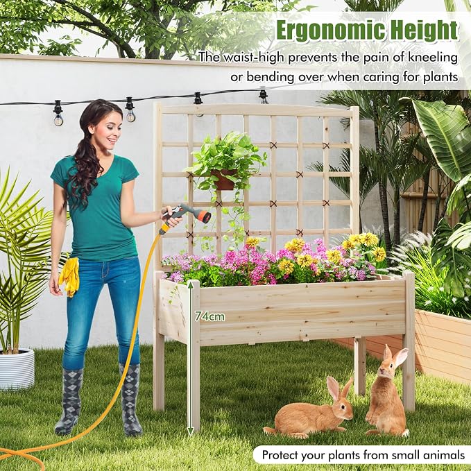 HAPPYGRILL Raised Garden Bed with Lattice Trellis, 4 Drainage Holes, Wooden Elevated Planter Box with Legs for Climbing Vine, Hanging Small Flower Baskets, Outdoor Gardening Planter for Patio Balcony