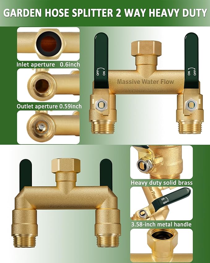 Hose Splitter 2 Way Heavy Duty, Full Flow Garden Hose Splitter with 2 Long Metal Handles, Brass Rust and Freeze Resistant Water Hose Bib Splitter, T Adapter Connector with 3/4 - Inch GHT Thread（Green）