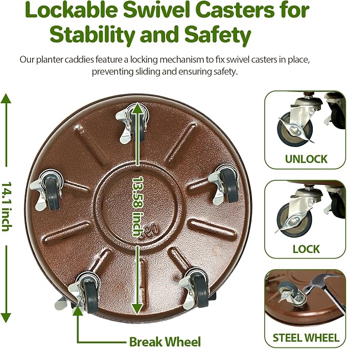 Plant Caddy with Wheels, 14" Heavy Duty Metal Plant Dolly, 390 lb Capacity Rolling Plant Stand with 360° Locking Casters, Waterproof Planter Tray and Saucer for Indoor Outdoor Large Pots