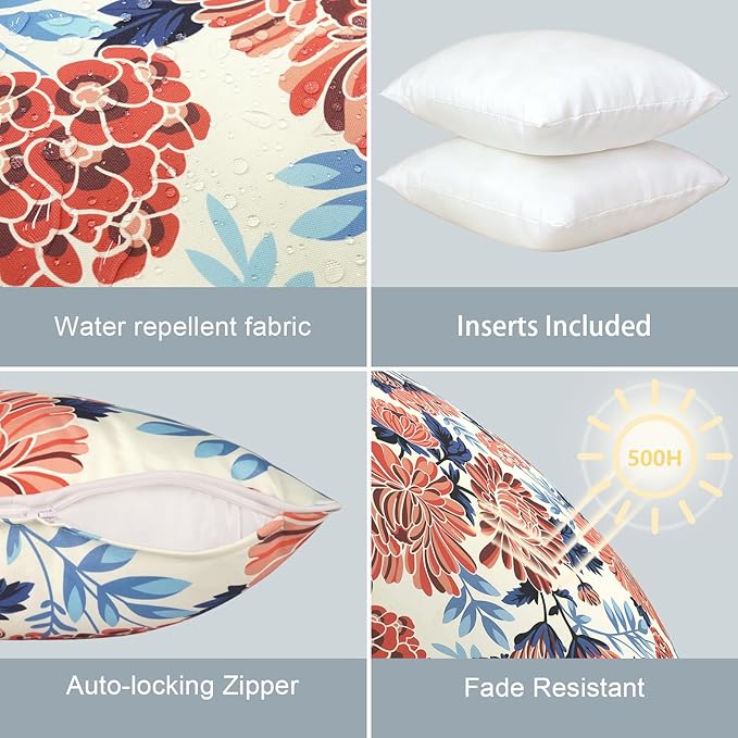 LVTXIII Outdoor/Indoor Throw Pillows, Decorative Patio Accent Pillows, Fluffy Water Repellent Garden Cushions for Home Patio Coach Sofa Use, 20×20 Inch, Pack of 2, Red Chrysanthemum