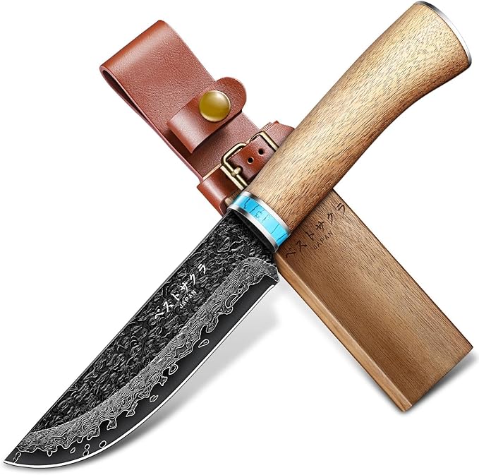 Freelander Compact Fixed Blade Knife 5.3 Inch – Damascus Steel EDC Knife with Wooden Sheath & Handle, Small Camping Knife for Outdoor, Bushcraft, Gift for Men