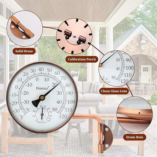4" Brass Outdoor Thermometer with Humidity, Analog Wall Mount Temperature Gauge, Decorative for Patio, Garage, House, Greenhouse, Window, Antique Bronze, No Battery