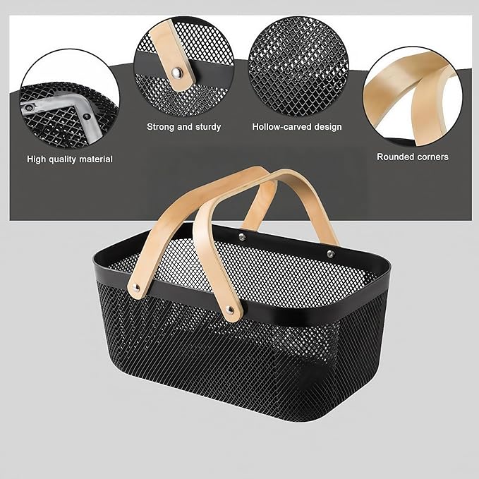 3pcs Collapsible Wooden Handle Plastic Harvest Basket - Rectangular Garden Storage Basket for Picking and Collecting Vegetables, Fruits - Ideal for Garden Cabinets & Outdoor Use (Black)
