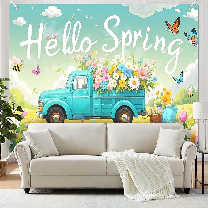 BlissYard Hello Spring Backdrop 8x6ft Flower Truck Photography Background Spring Garden Party Scenic Banner for Easter Celebration Birthday Baby Shower Classroom Photo Booth Decor