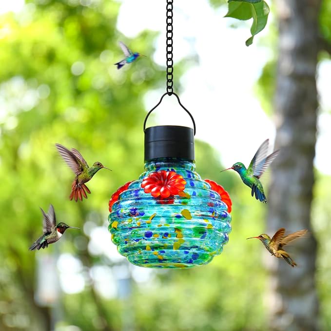 VOREEN Solar Hummingbird Feeder with Solar-Powered LED Light, Hand-Blown Glass 17 oz Hanging Outdoor Nectar Feeder, Waterproof Rust-Proof Easy-Clean Design, Eco-Friendly Garden Decor