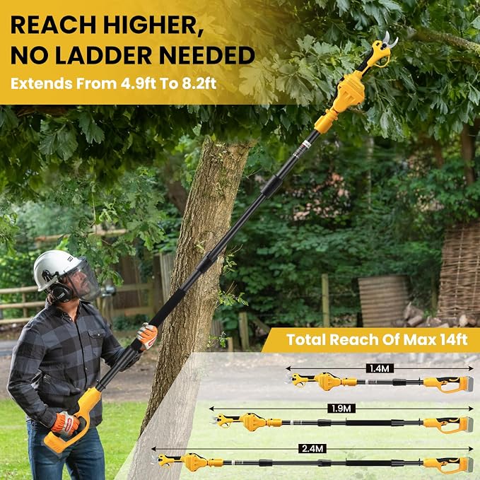 2-in-1 Pole Pruner & Cordless Electric Pruning Shears for Dewalt 20V Battery, 14Ft Reach, 1.2" Cutting Diameter, Brushless Motor with LCD Display, for Tree Trimming Branch Cutter (No Battery)