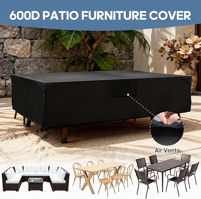 DUMOS Outdoor Furniture Cover, Rectangular Heavy Duty 600D UV Resistant & Waterproof Patio Furniture Covers for Deck Table and Chairs, Backyard Patio Dining Sets, 111"L x 74"W x 28"H, Black