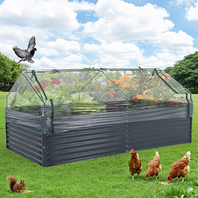 Garvee Galvanized Raised Garden Bed Large Rectangular Kit with Cover Zippered Screen Doors, Open Base Design, Thick Steel, Easy Assembly, Planter Box for Vegetables, Flowers (Grey, 8x4x2 ft)