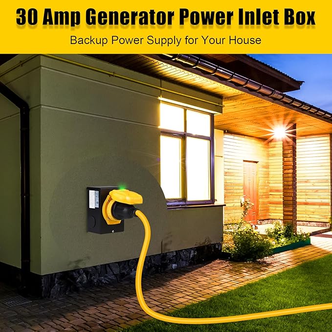 30 Amp Generator Power Inlet Box,NEMA L5-30P,125V, 3750 Watts, Power Inlet Box for 3 Prong Generator Cord, Generator Transfer Switch with Power Indicator Pre-Drilled, ETL Listed