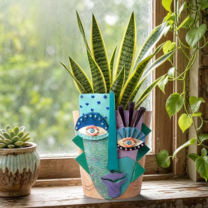 Mrlikale Abstract Face Planter Pots with Drainage Hole for Indoor Plants | 4.7 Inch Hand-Painted Funny Face Flower Pot for Succulents, Shelves, Desks, and Modern Home Decor