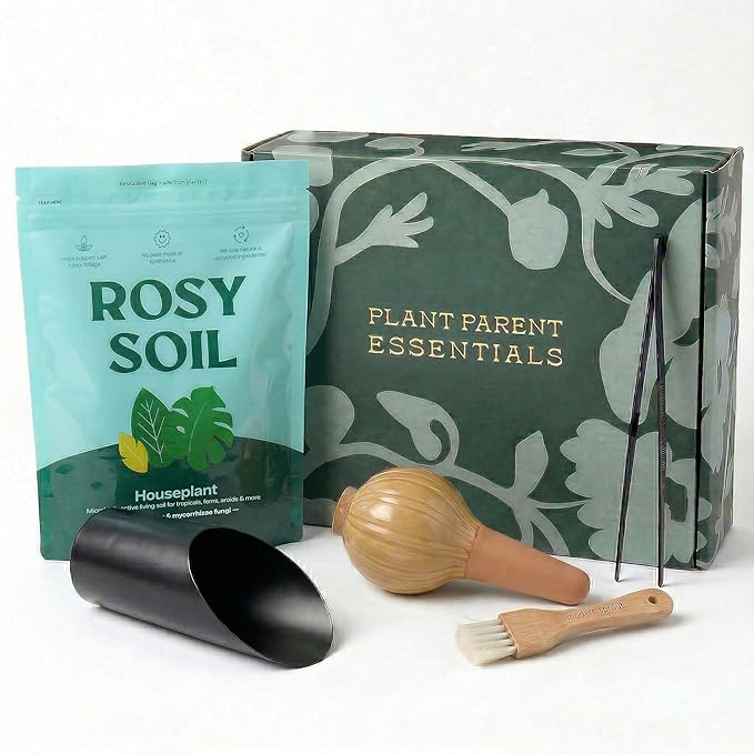 Rosy Soil Indoor Plant Parent Gift Set for Mother's Day - Houseplant Potting Soil with Modern Sprout Terracotta Watering Bulb, Soil Scoop, Plant Brush & Tweezers