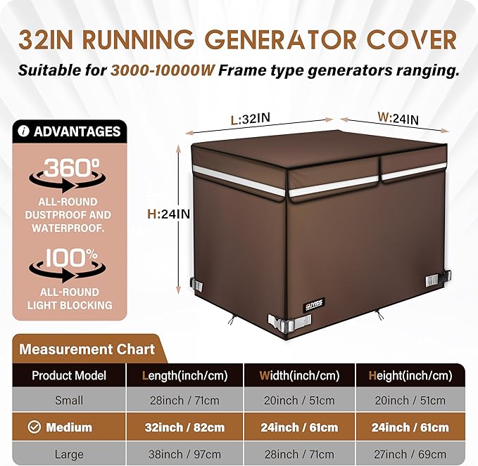 2025 Upgrade 900D+210D Heavy Duty Thicken Fabric. GUYISS Generator Covers While Running. 32"L×24"W×24"H, Top Can Be Opened for Refueling, Compatible with 4500W-10000W Frame Generator, Coffee.