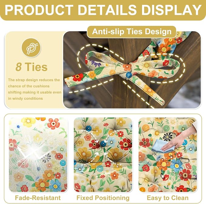 Porch Swing Cushions 60 inch Waterproof & Fade Resistant Thicken 5" Outdoor Swing Cushions 3 Seater Replacement with Backrest & Ties Patio Swing Cushions for Outdoor Furniture (Flower)