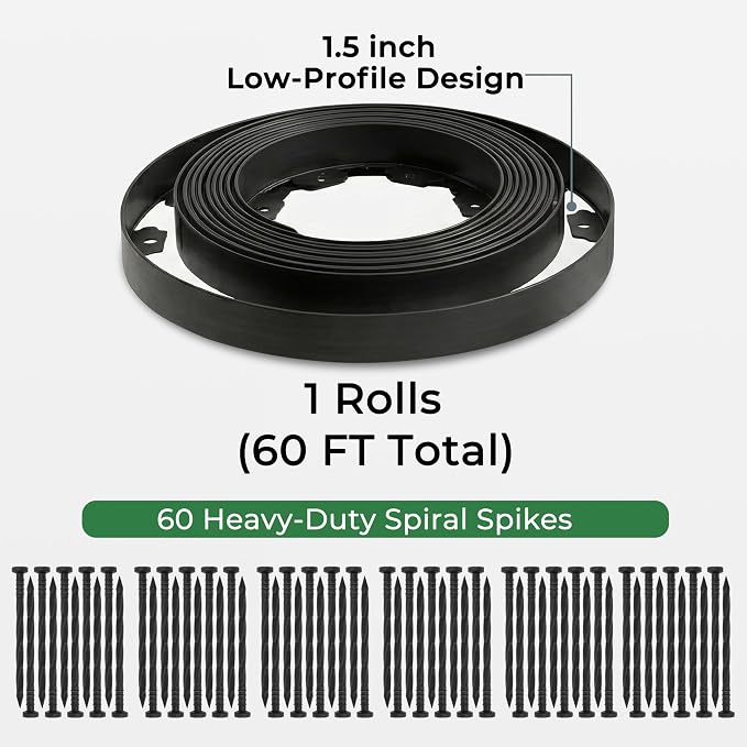 Gardzen 1.5" x 60' Landscape Edging Kit, Garden Edging Coil Comes with 60 Pcs Spikes, No Dig Lawn Border Design