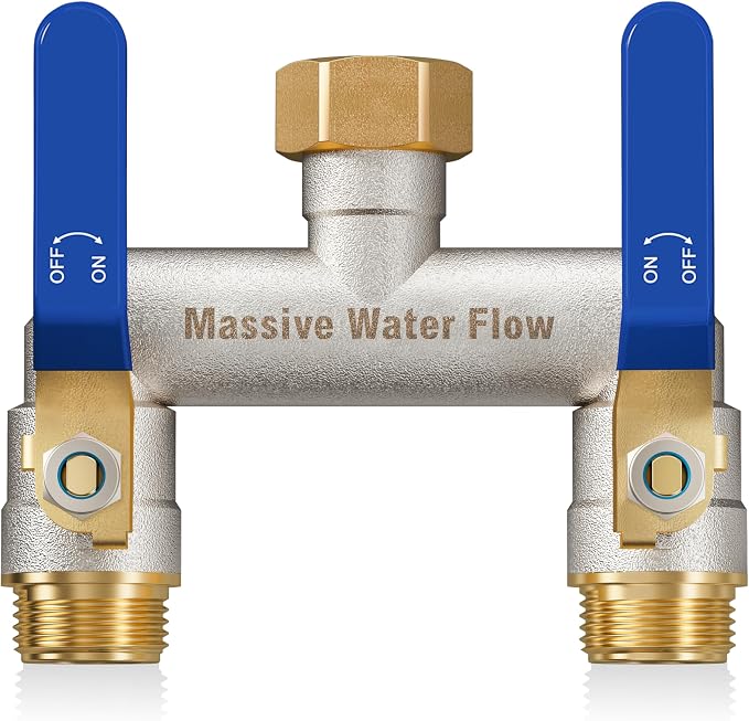 Hose Splitter 2 Way Heavy Duty, Garden Hose Splitter with 304 Stainless Steel Long Handle, Full Flow Brass Nickel Plated Water Hose T Spigot Splitter Adapter Connector, 3/4 - Inch GHT Thread (Blue)